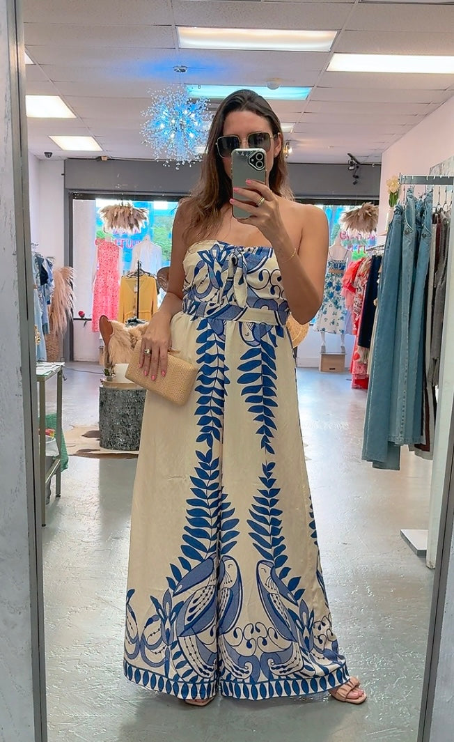 Blue Print Strapless Jumpsuit