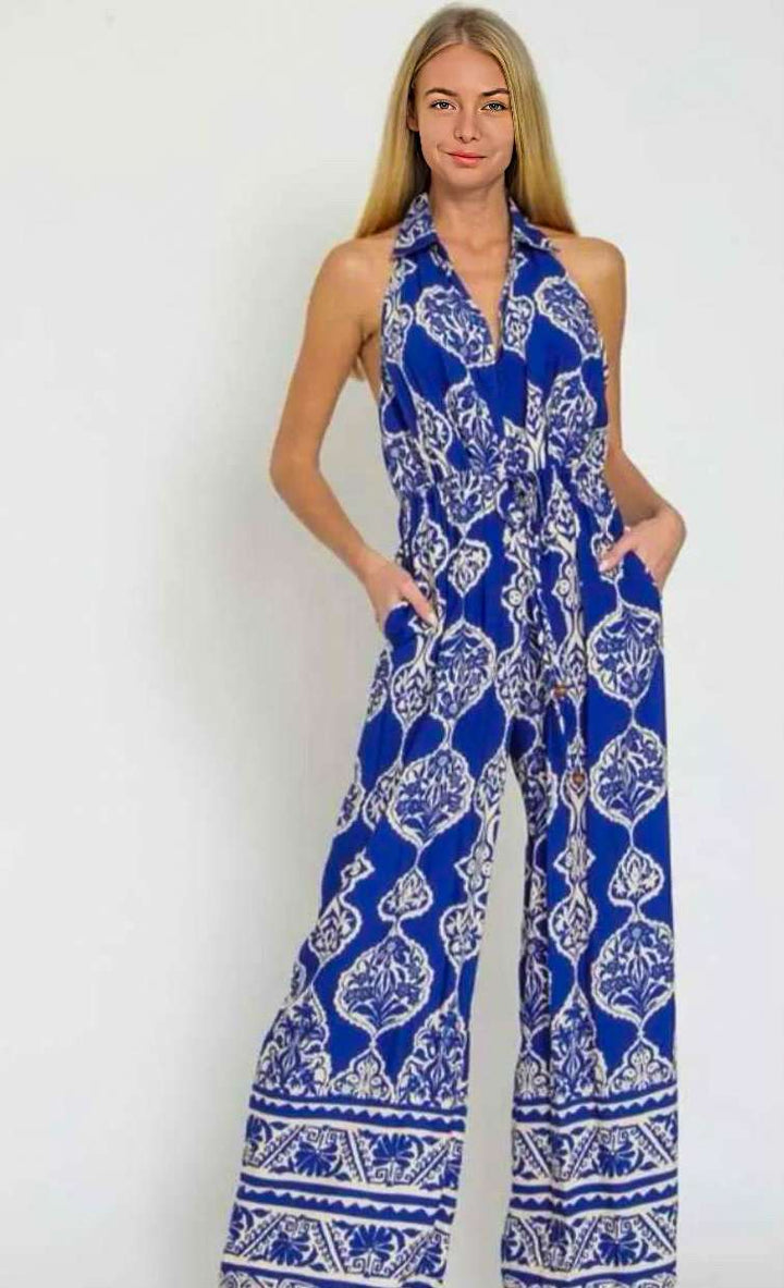 Royal Blue & White Halter Jumpsuit