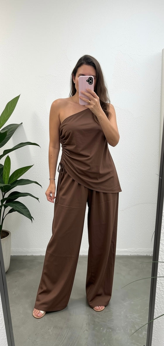 Brown One Shoulder Pant Set