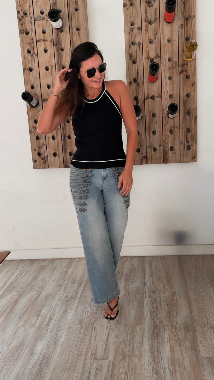 Military Style Button Detail Jeans