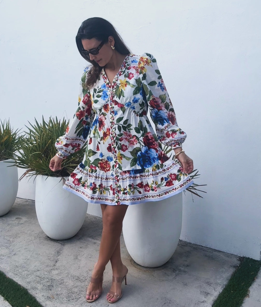 White Floral Print Button Dress