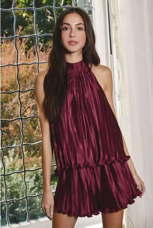 Hannah Burgundy Pleated Short Set