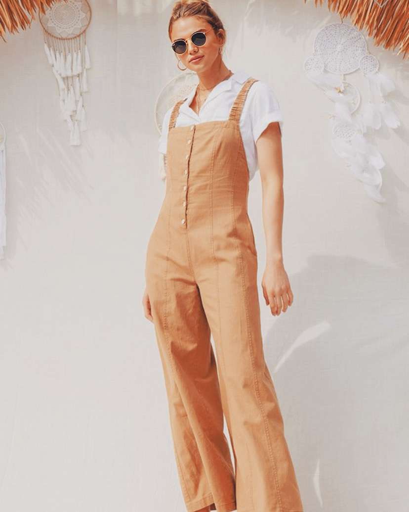 Caramel Linen Jumpsuit. button, cross back jumpsuit.