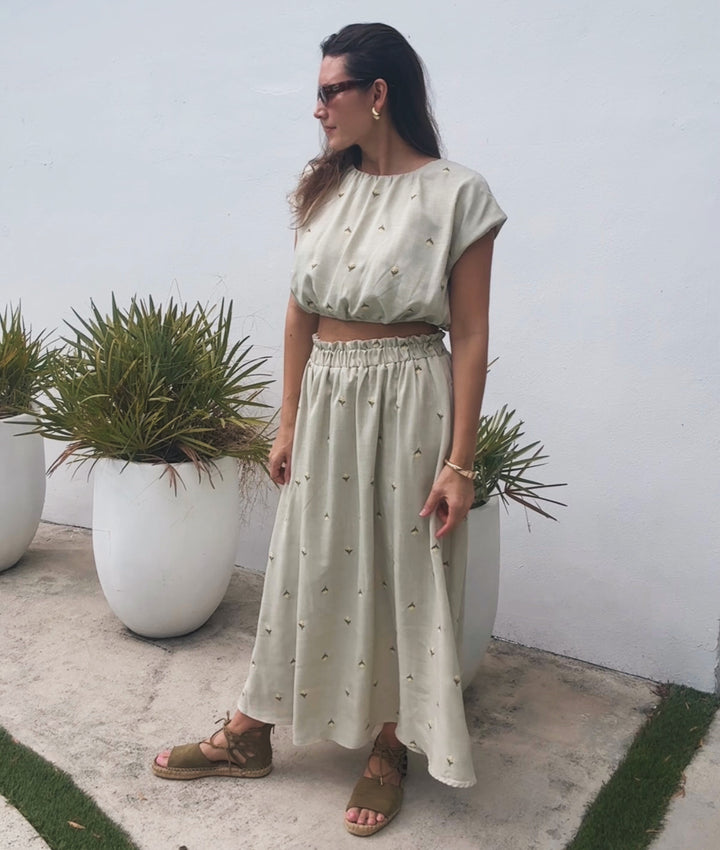 Olive Embroidered Floral Skirt Set