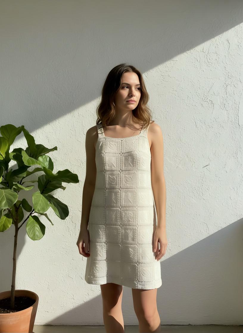 Woman wearing a white patterned dress standing against a white wall with a plant to her left.