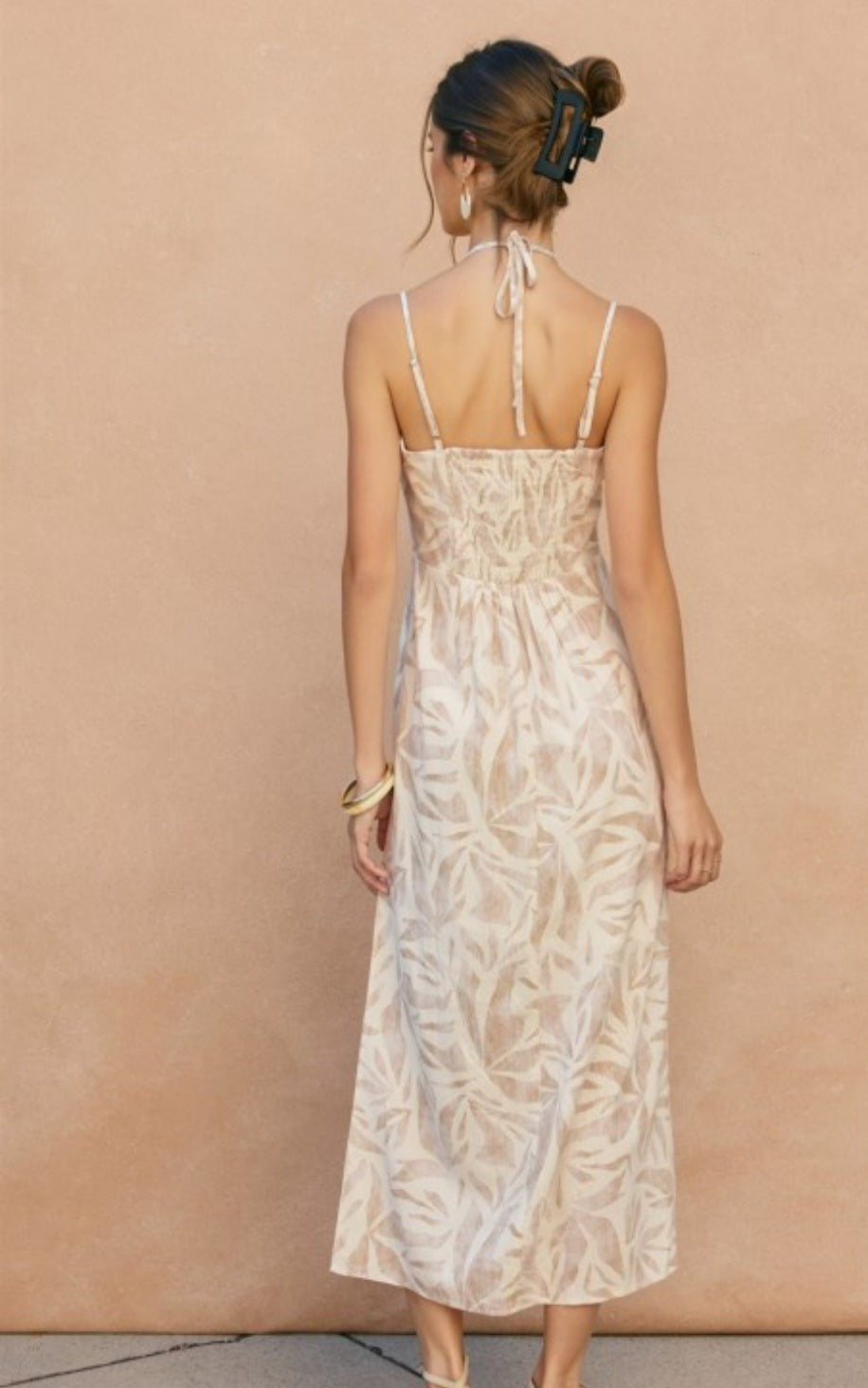 Beige Leaf Print Dress