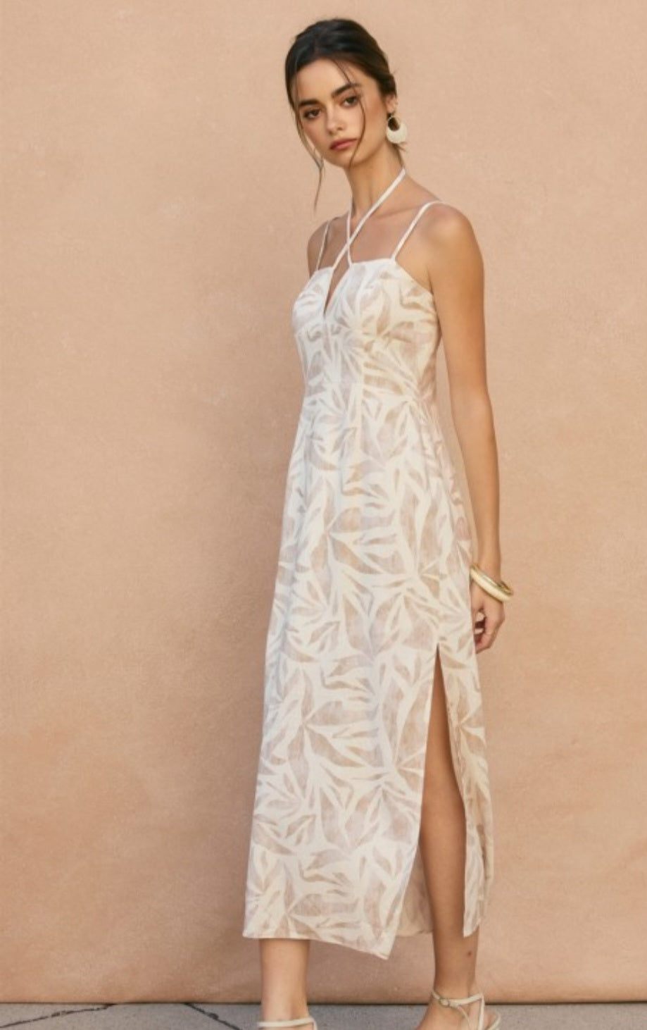 Beige Leaf Print Dress