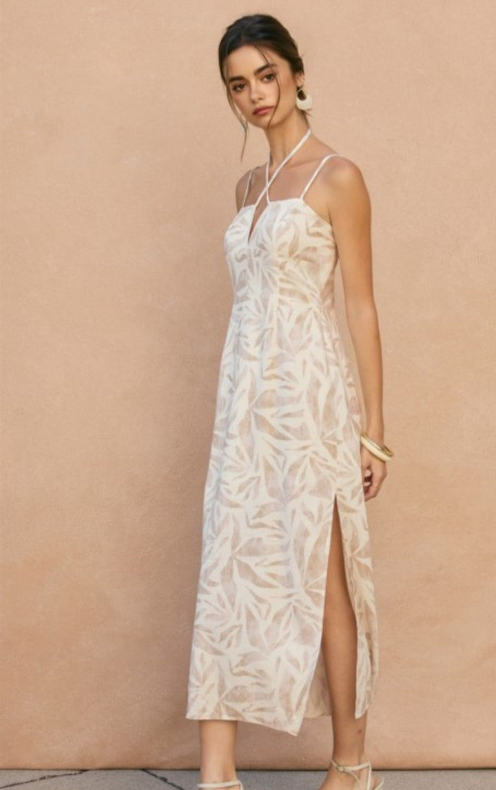 Beige Leaf Print Dress