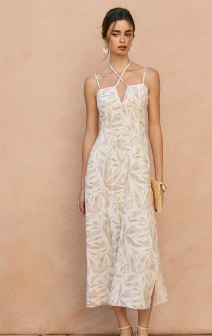Beige Leaf Print Dress