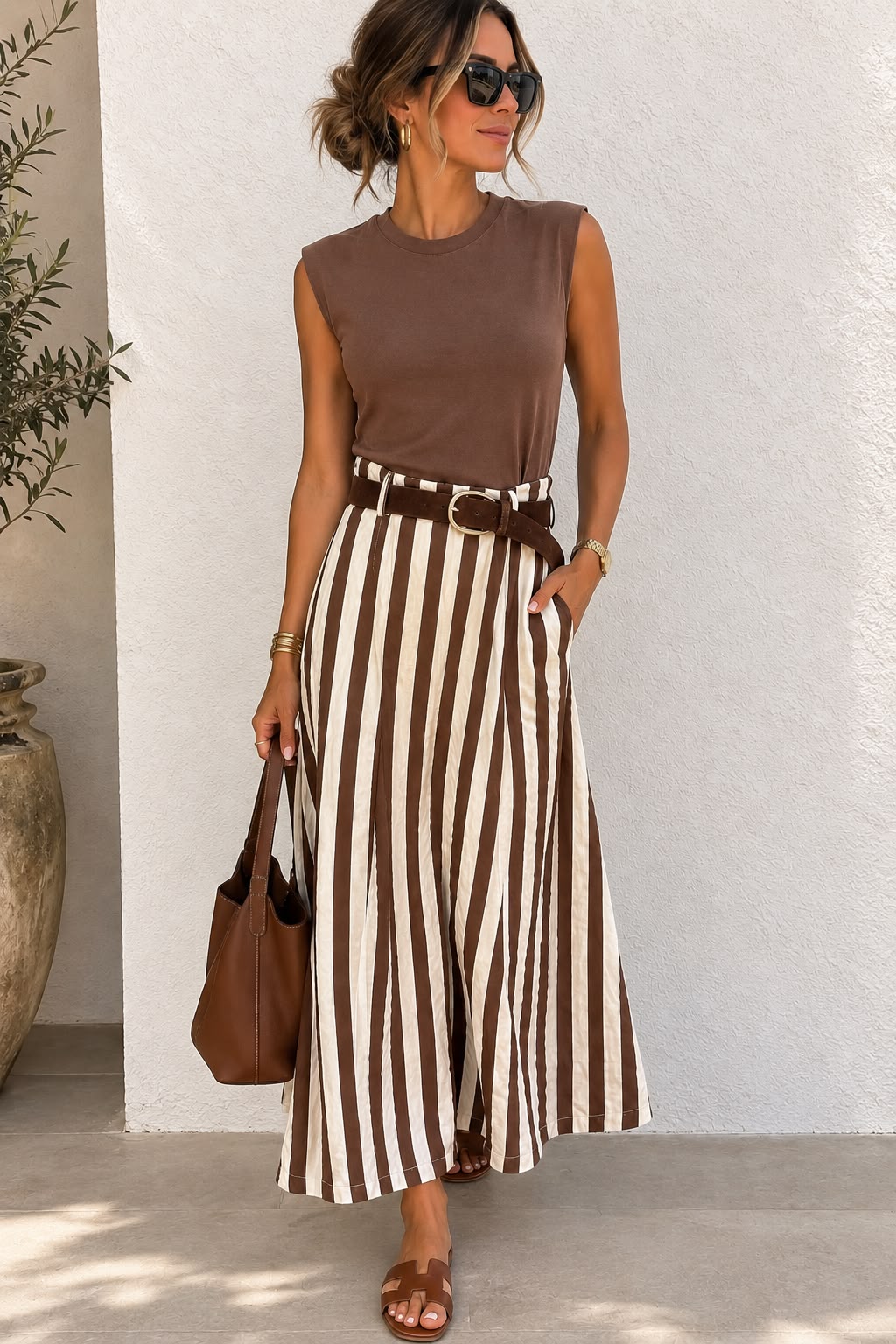 A woman models a sleeveless brown top and a brown-and-cream vertically striped midi dress with a matching brown belt, styled with sunglasses, a brown tote bag, and brown slide sandals against a white stucco wall.