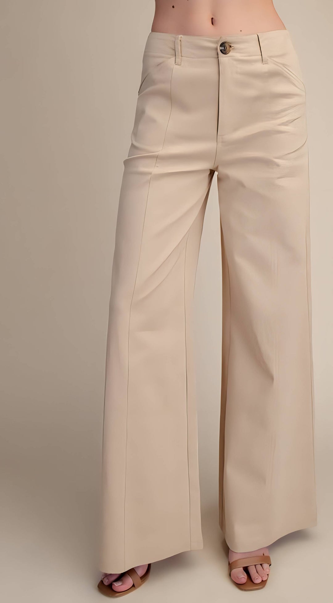 Beige wide-leg pants on a plain background