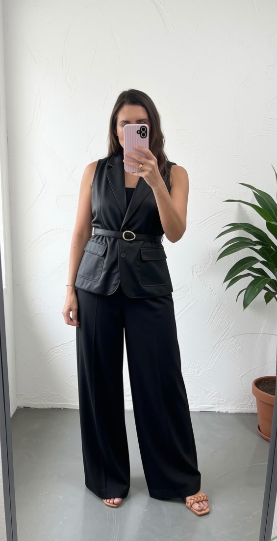 A woman takes a mirror selfie wearing a black sleeveless vest and matching wide-leg pants with a thin black belt and gold-tone buckle. She is standing in a room with a white textured wall, gray floor, and a potted plant on the right.