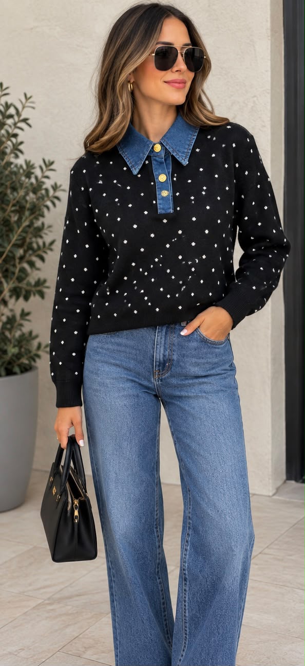 A woman models a black knit sweater with white polka dots and a blue denim collar, paired with wide-leg blue jeans, sunglasses, and a black handbag.