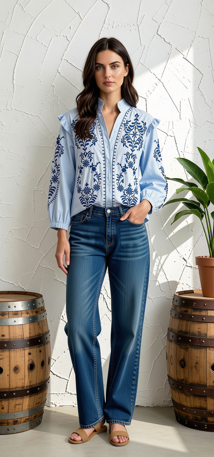 Blue Button Down Embroidered Top