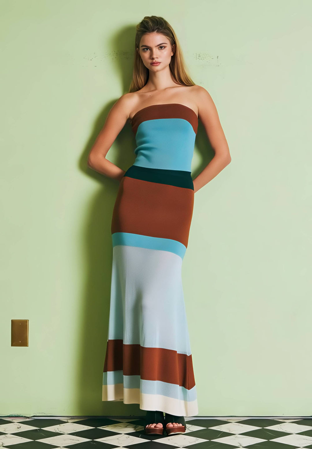 Woman wearing a strapless dress with color-blocked design against a light green wall.
