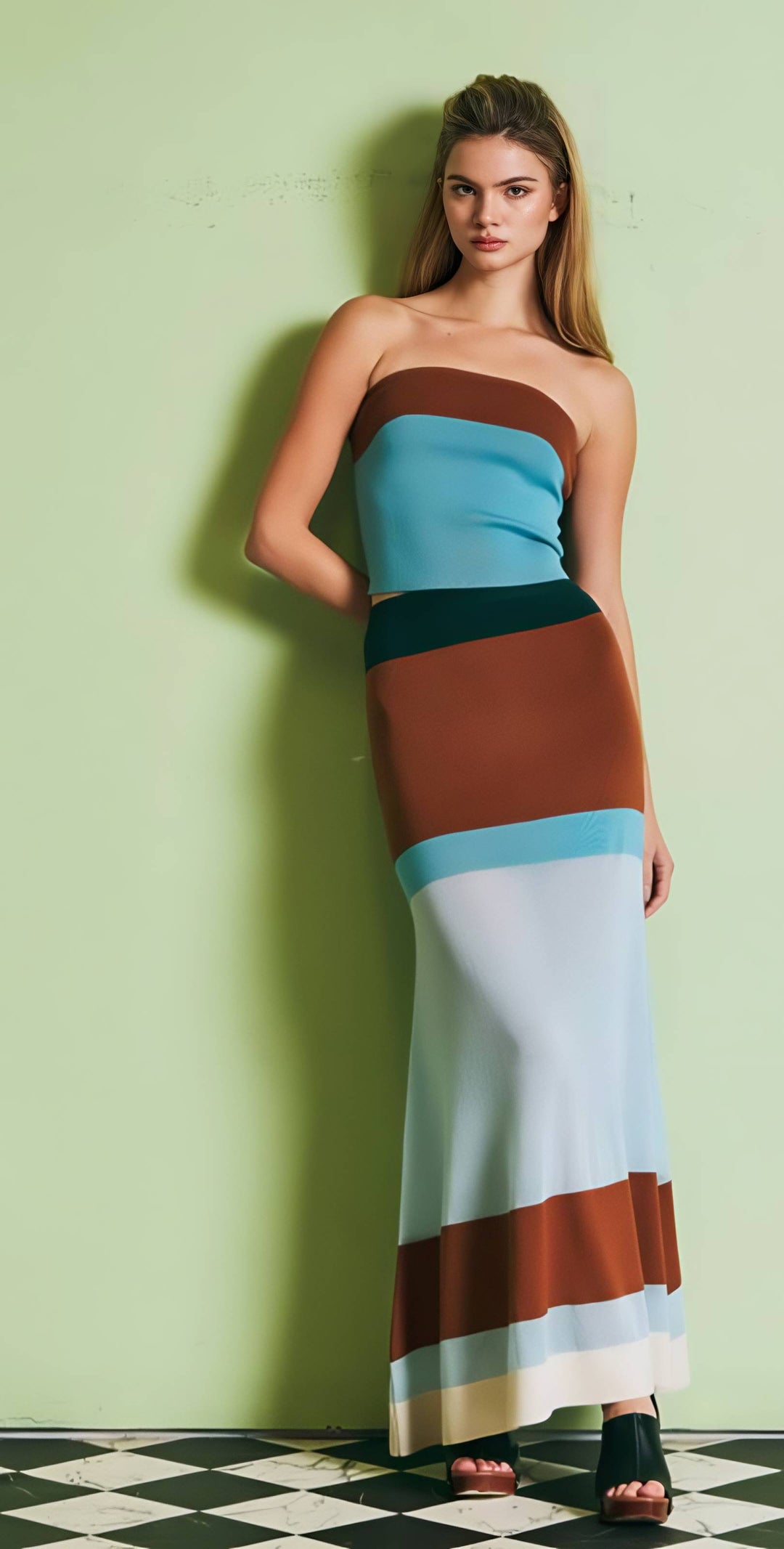 Woman wearing a strapless dress with horizontal color blocks against a light green wall.