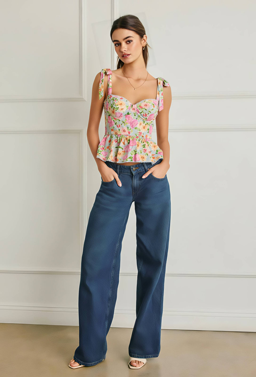 Woman wearing a floral top and blue jeans against a white wall