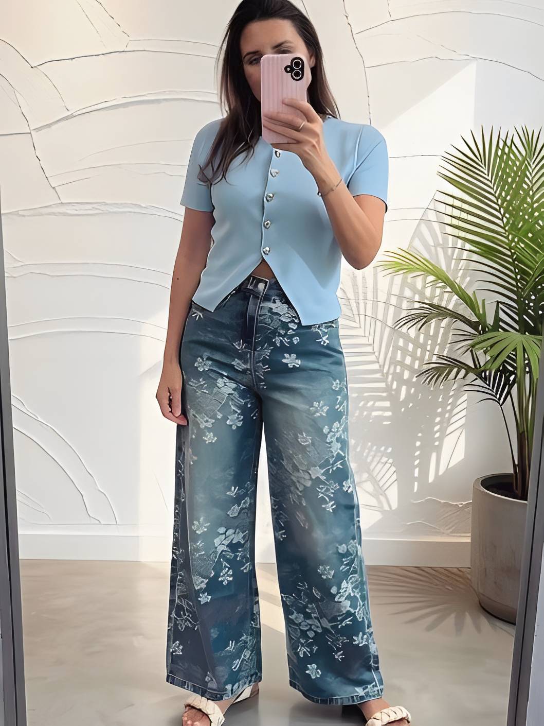 A woman takes a mirror selfie wearing a light blue short-sleeve button-up top and blue floral wide-leg jeans, standing in a brightly lit room with a potted plant and textured white wall.