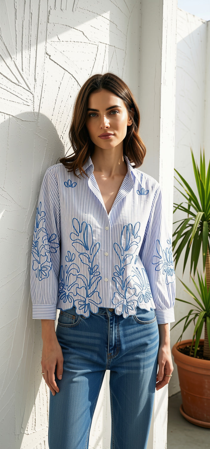 Blue Stripe Button Down Embroidered Top