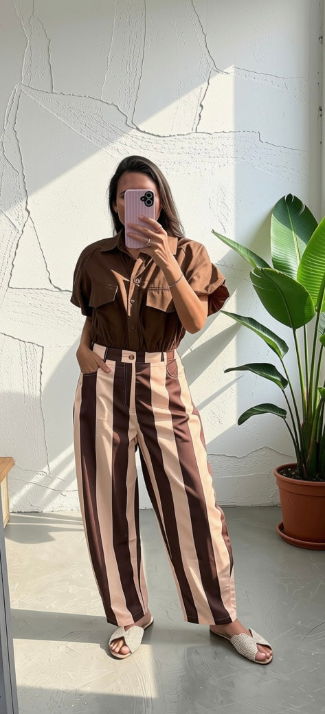 A woman takes a mirror selfie wearing a brown short-sleeve button-up shirt and high-waisted brown and beige vertically striped trousers, standing in a brightly lit room with a textured white wall and a potted plant.