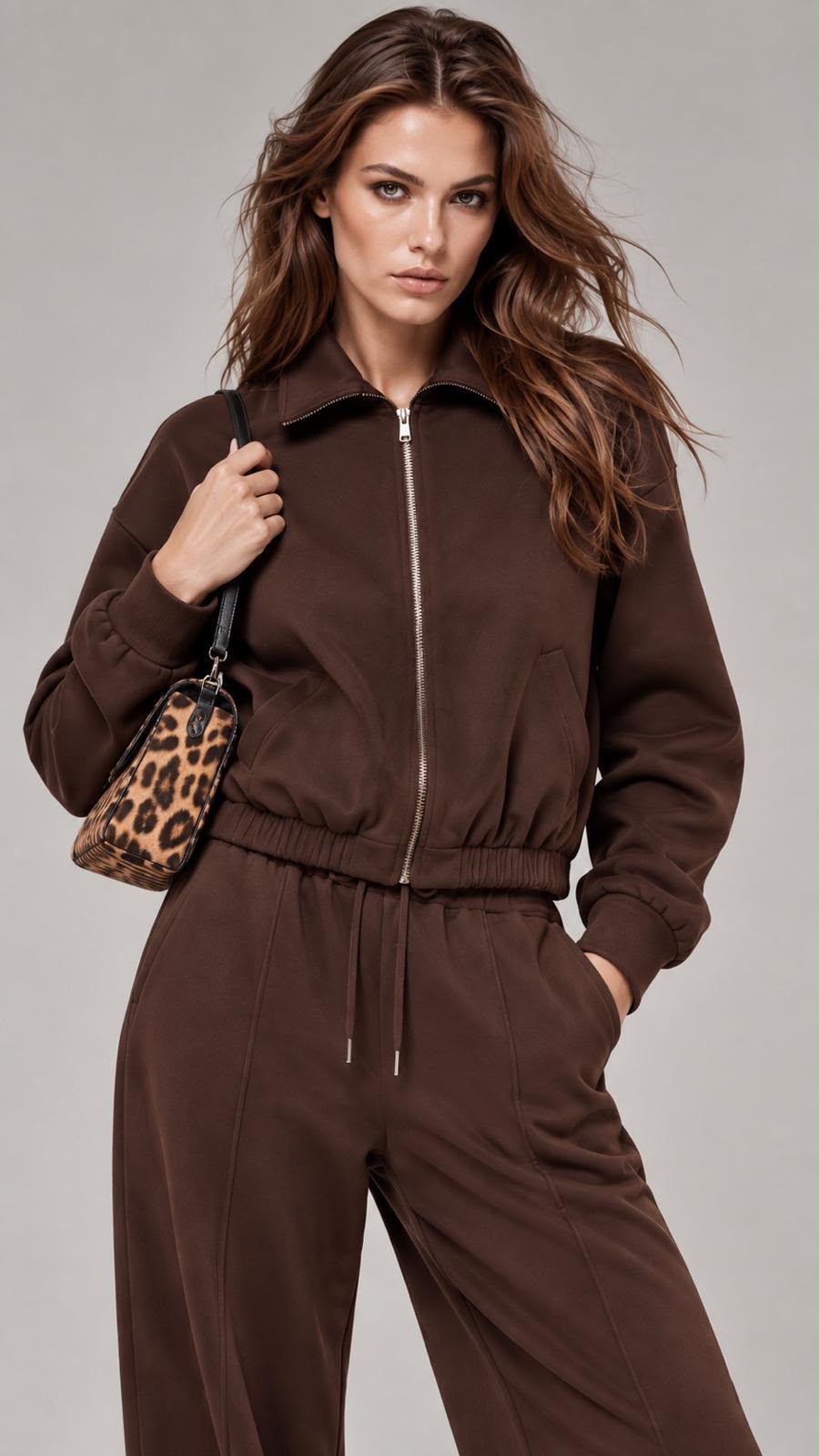 A woman modeling a dark brown zip-up jacket and matching wide-leg sweatpants, carrying a leopard-print shoulder bag against a neutral gray studio background.