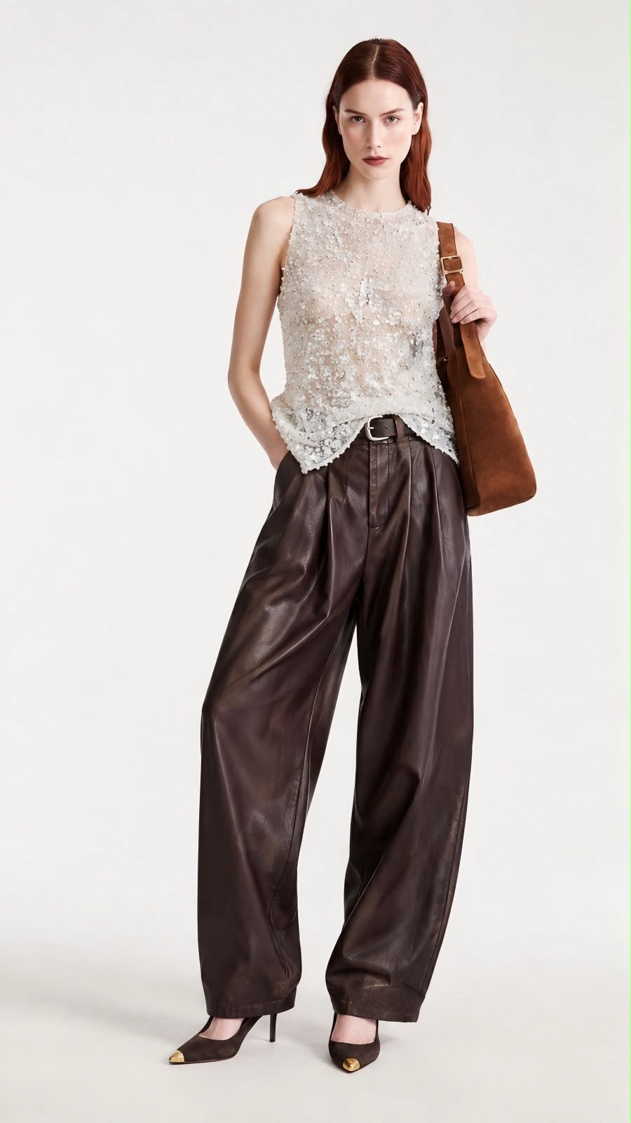 Woman wearing brown pleated barrel pleather pants with a beige lace top