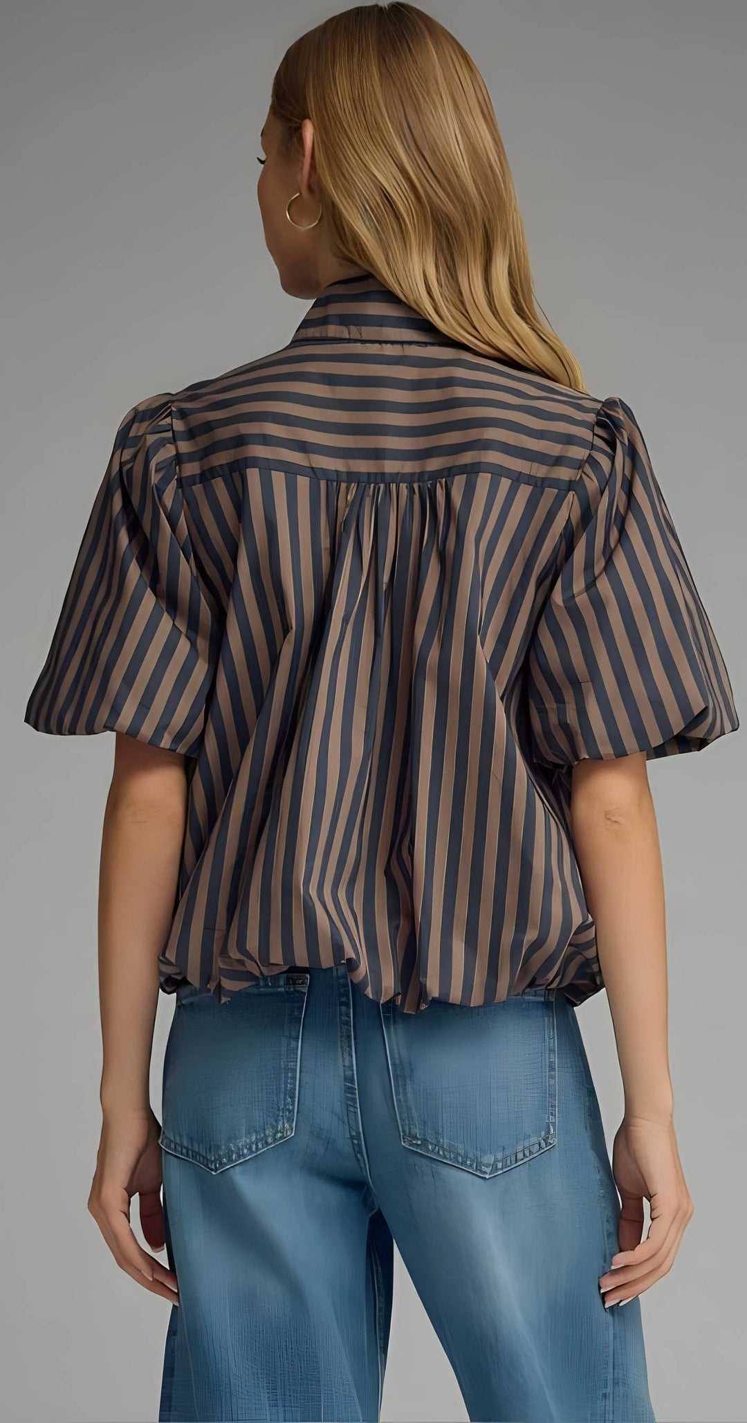 Brown Navy Stripe Button Top