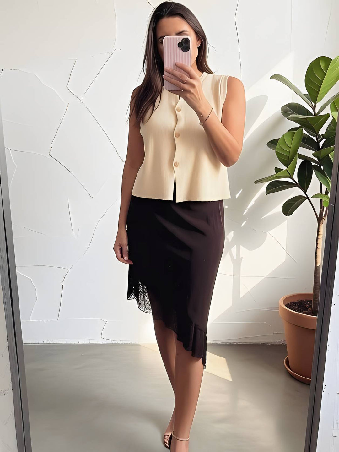 A woman takes a mirror selfie wearing a sleeveless cream button-up top and a dark brown asymmetrical skirt with a ruffled hem and sheer side detail. She is standing in a room with a white textured wall, a potted plant, and a gray floor.
