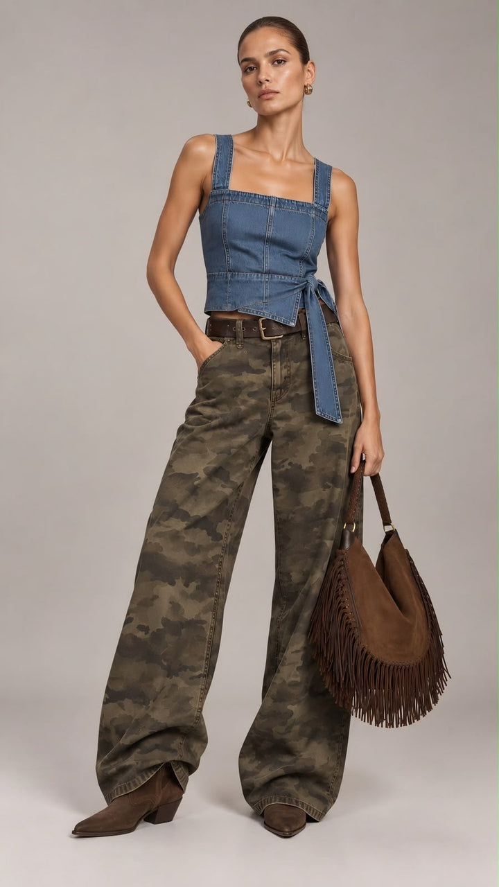 Woman wearing camo cargo jeans with a blue denim top