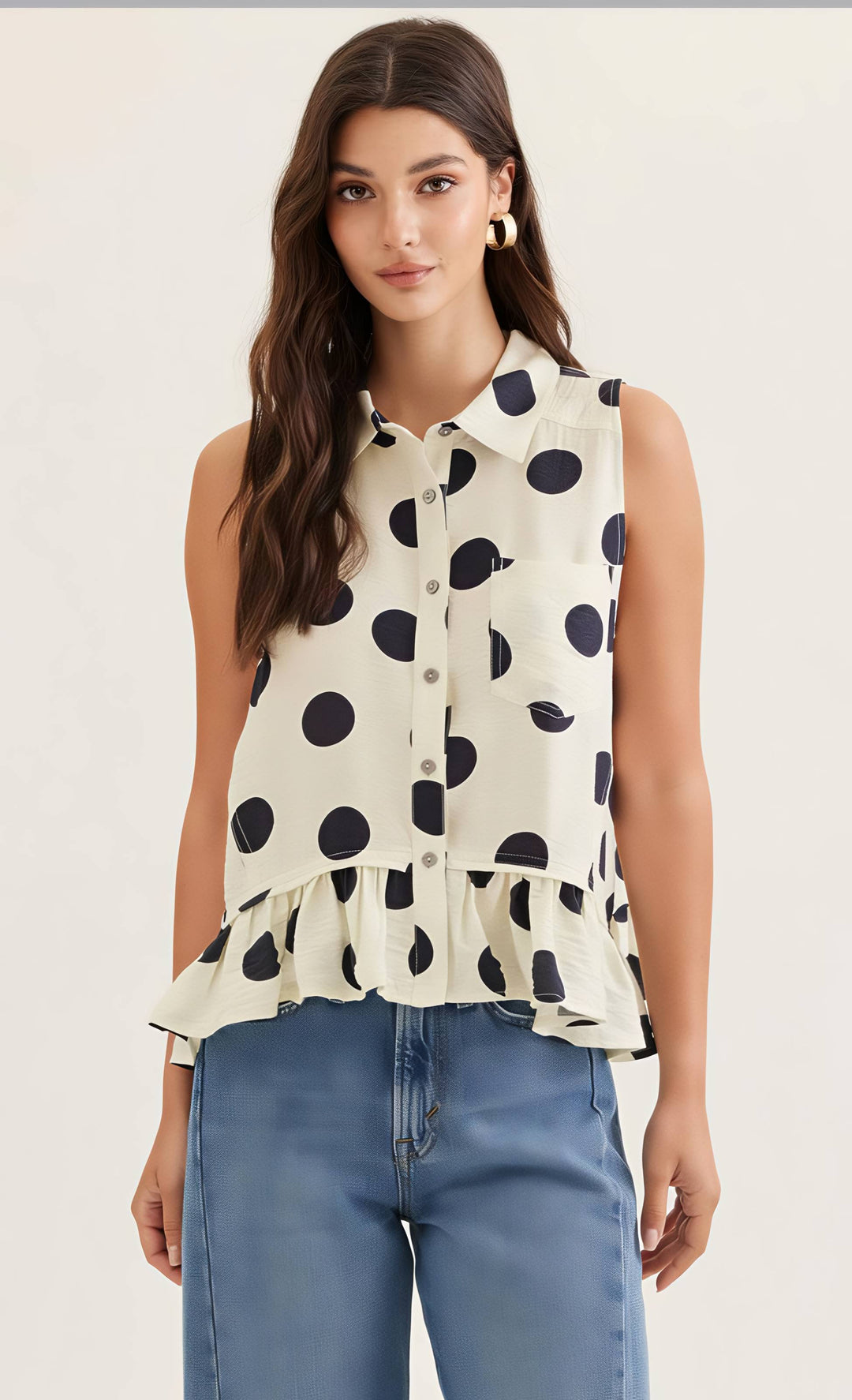 Woman wearing a sleeveless blouse with black polka dots and blue jeans on a white background