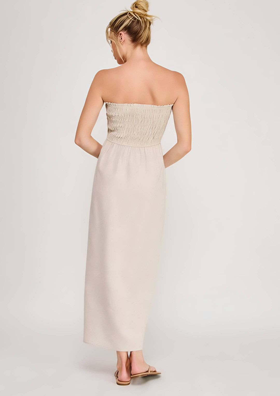 Cream Smocked Strapless Linen Dress| Breezy Summer Dresses – Cocoacouture Miami