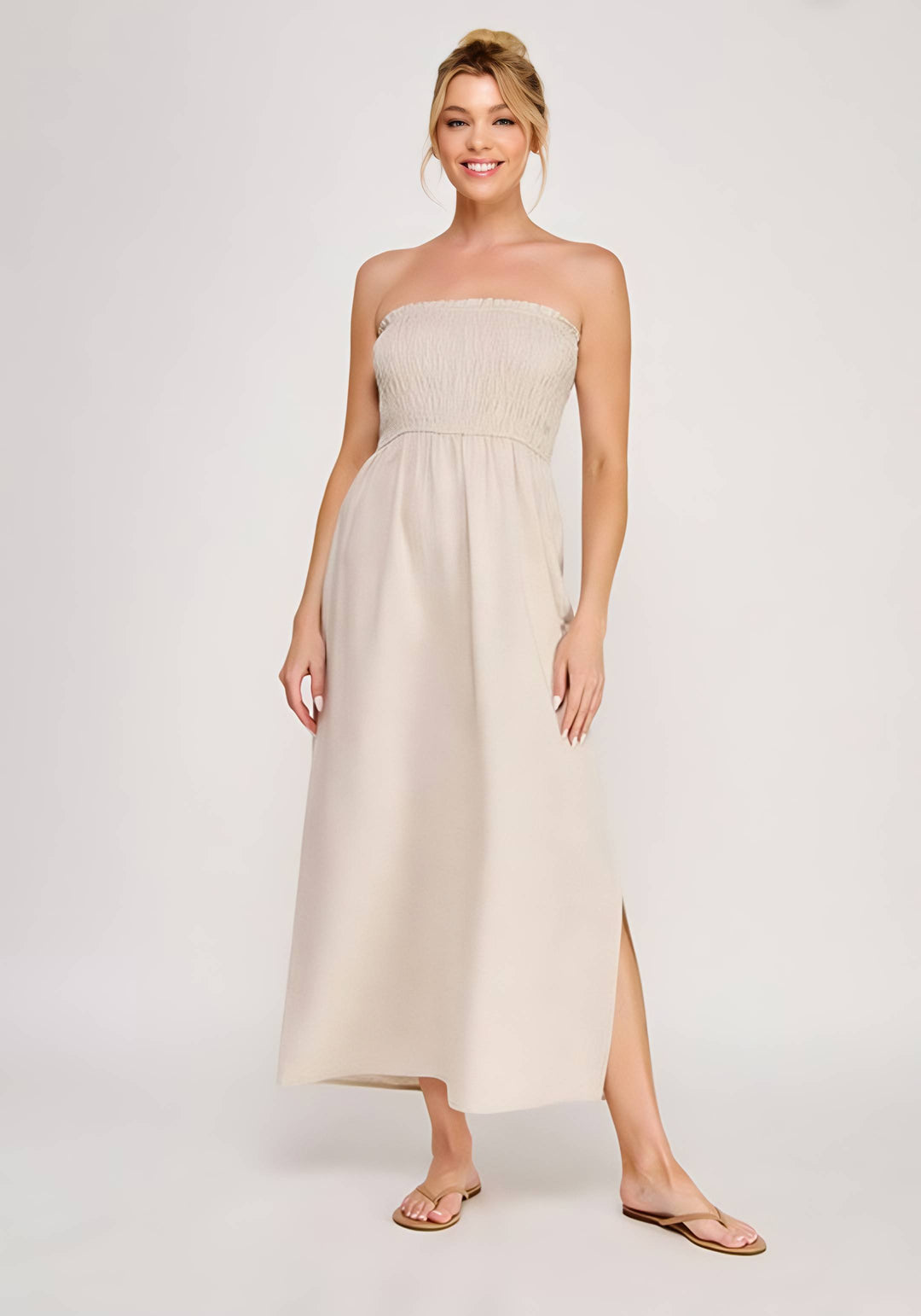 Cream Smocked Strapless Linen Dress
