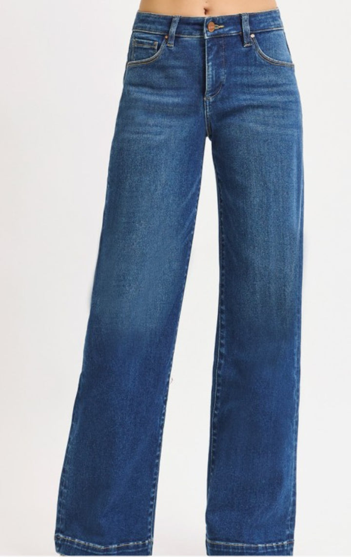 Dark Mid Rise Wide Leg Jeans