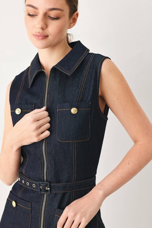 Denim Belted Zipper Jumpsuit