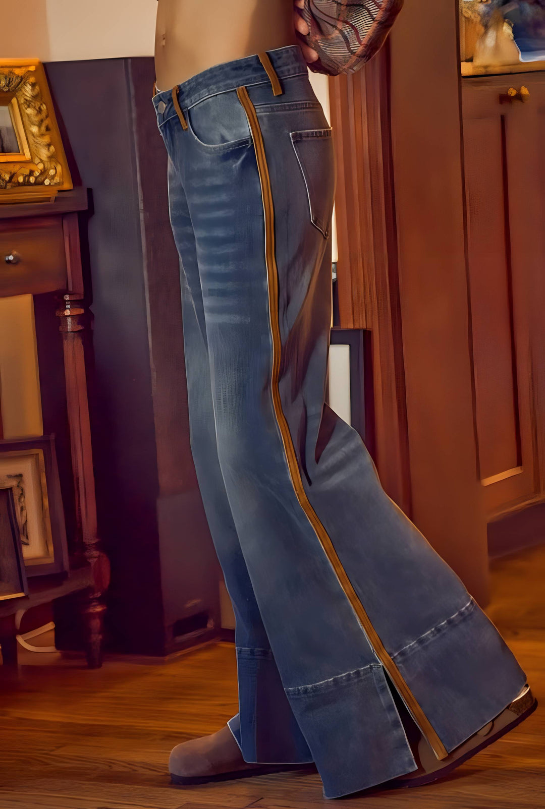 A person wearing wide-leg blue jeans with prominent tan leather side panels and matching tan leather trim, standing in a warm-toned indoor room with wood floors and furniture.