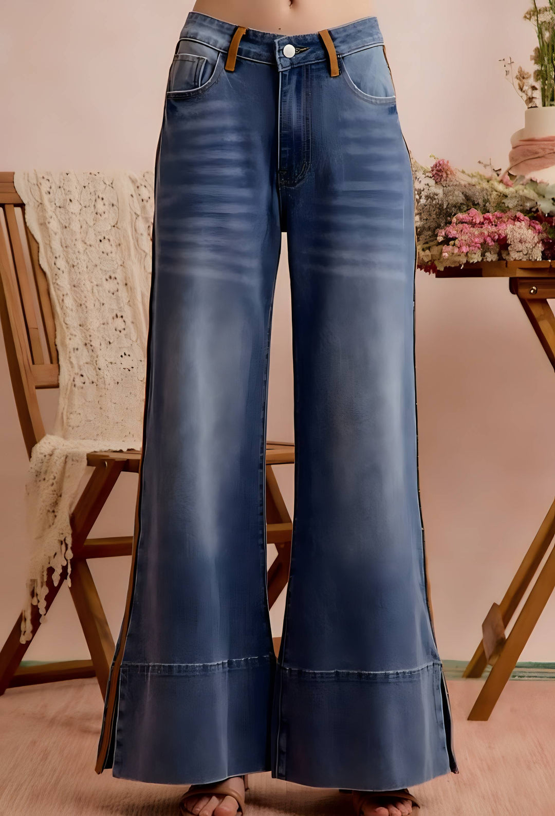 A person wearing blue wide-leg denim jeans with a faded wash, brown leather belt loops, and rolled hems, standing in a styled indoor setting with wooden chairs and flowers in the background.