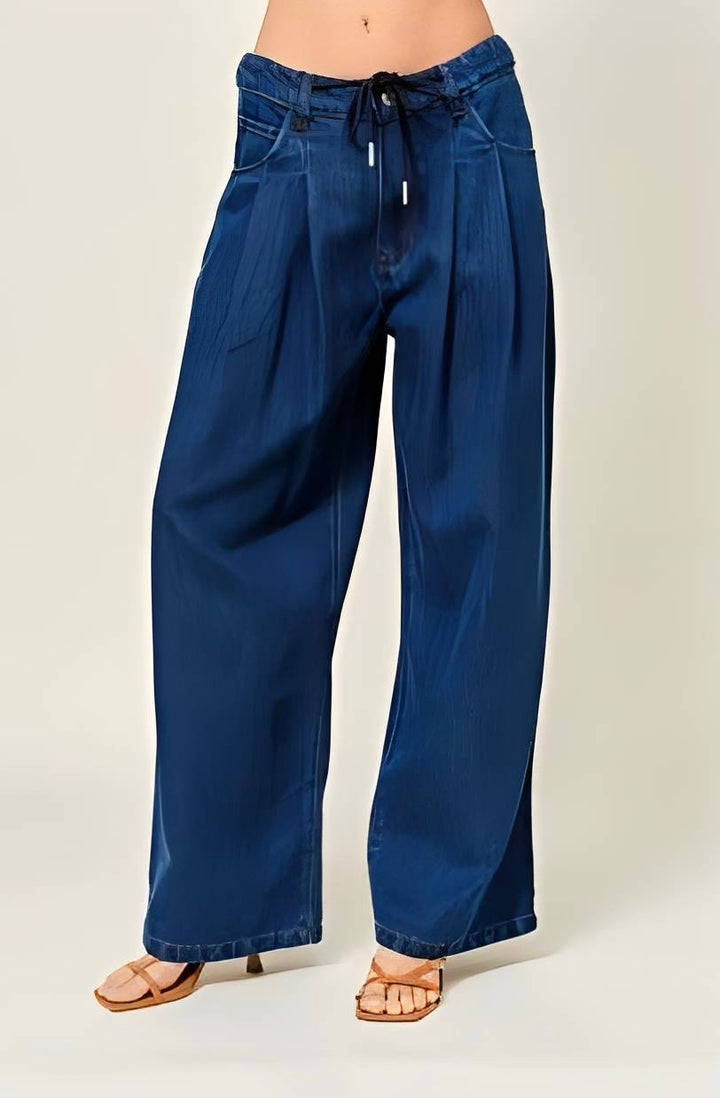 Dark  Pleated Wide Leg Jeans