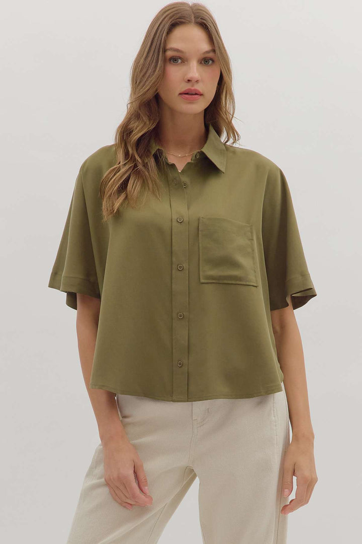 Women's olive green button-down boxy top with short sleeves and relaxed fit – casual and versatile blouse for everyday wear