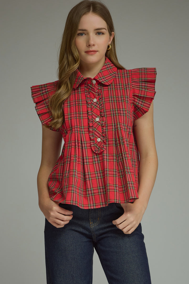 Red Plaid Ruffle Sleeve Top