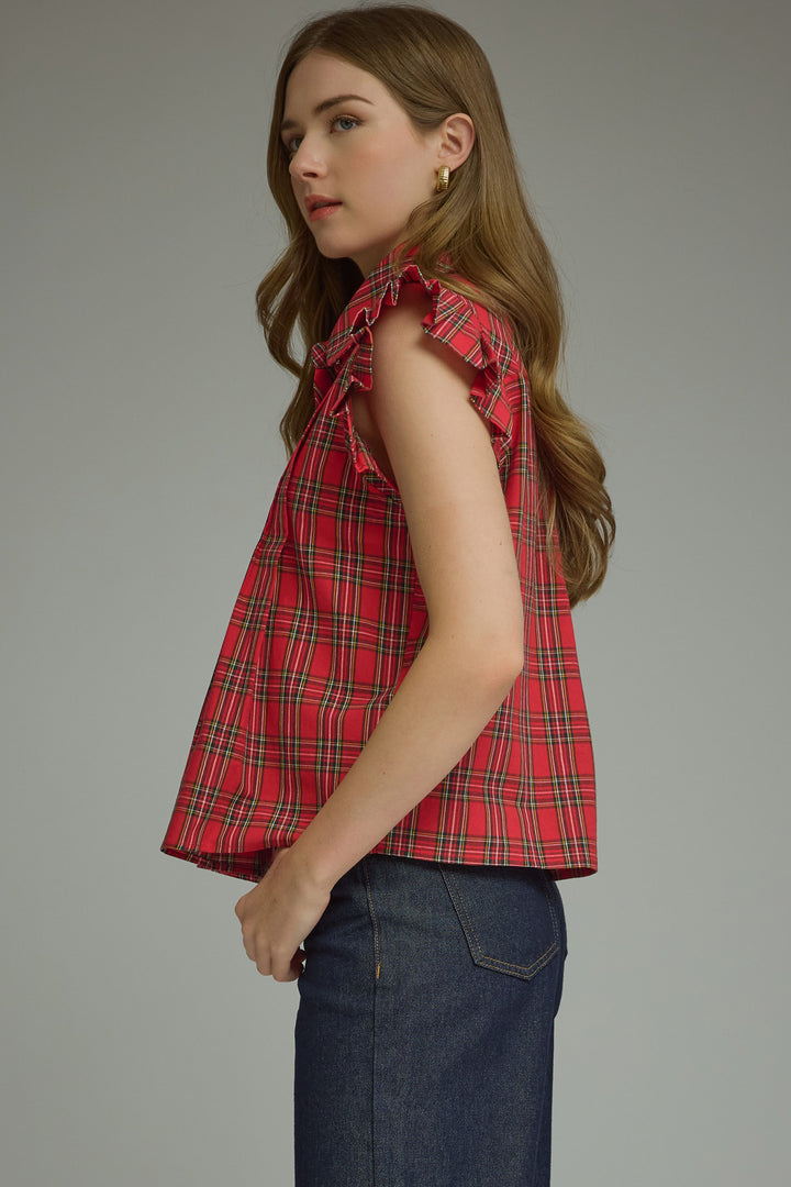 Red Plaid Ruffle Sleeve Top