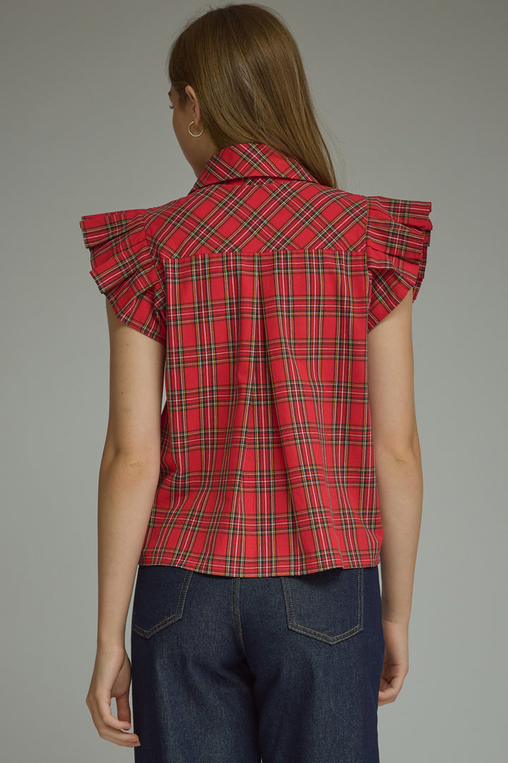 Red Plaid Ruffle Sleeve Top