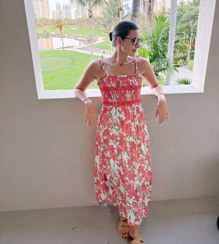 Women's floral smocked tiered dress with ruffle sleeves and flowy skirt, lightweight summer boho style