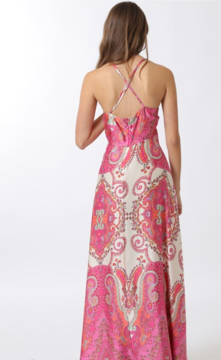 Fuchsia Paisley Print Halter Maxi Dress