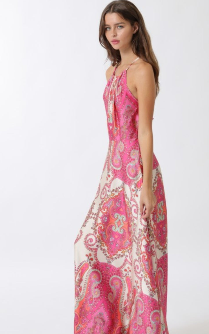 Fuchsia Paisley Print Halter Maxi Dress
