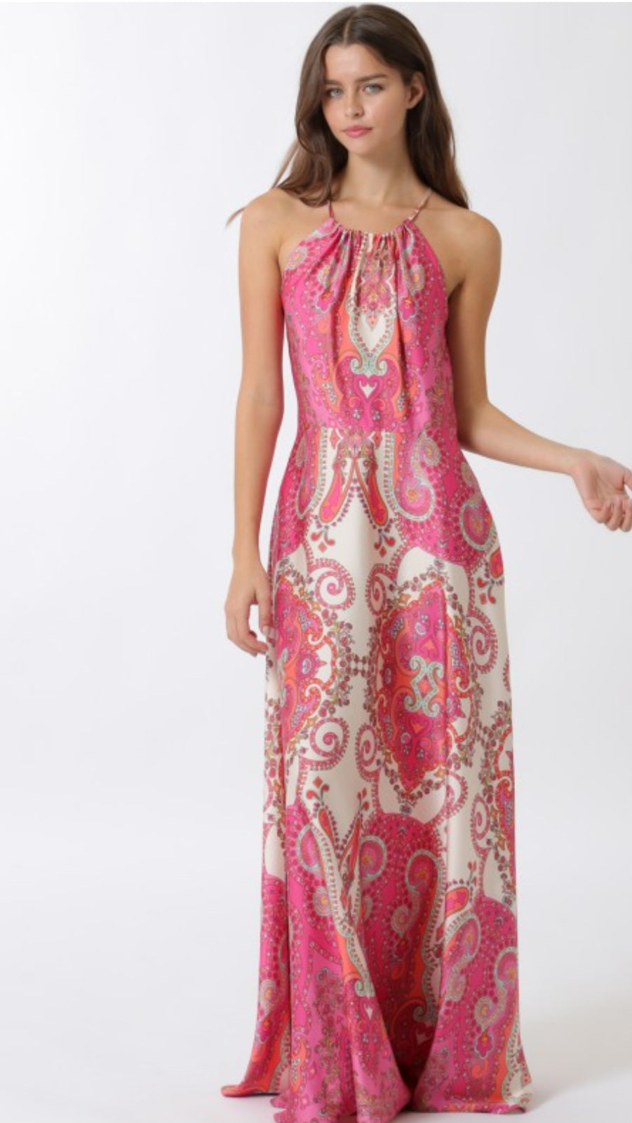 Fuchsia Paisley Print Halter Maxi Dress