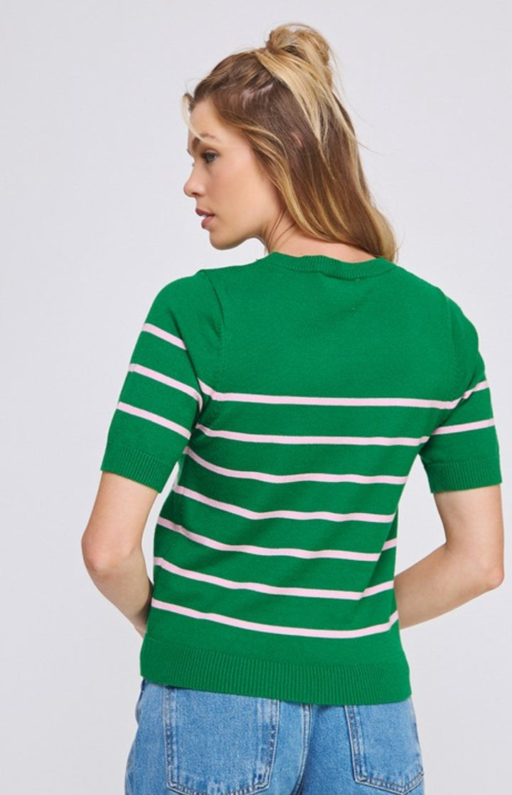 Women's green stripe sweater, lightweight knitted pullover with horizontal stripes