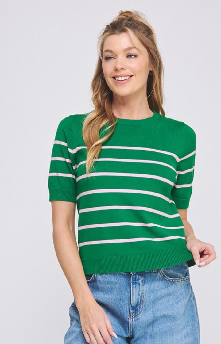 Women's green stripe sweater, lightweight knitted pullover with horizontal stripes