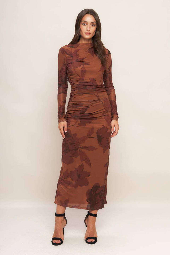Sienna flower print mesh shirring dress featuring floral pattern and ruched detailing
