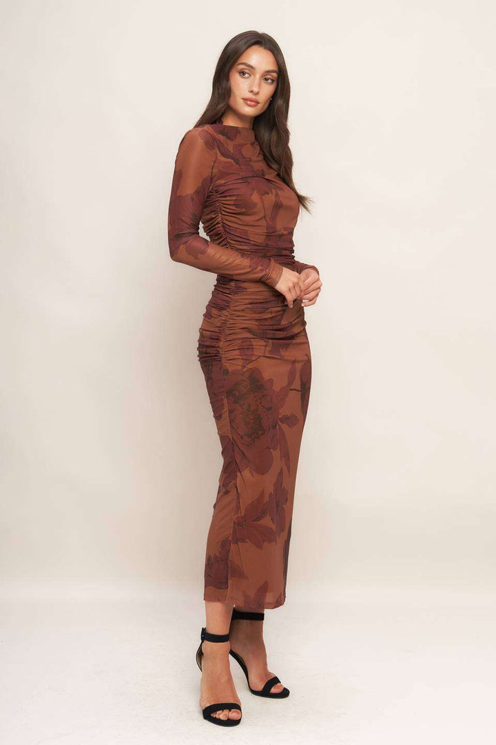 Sienna flower print mesh shirring dress featuring floral pattern and ruched detailing
