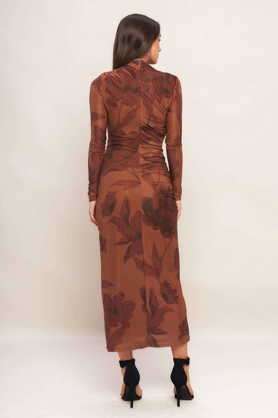 Sienna flower print mesh shirring dress featuring floral pattern and ruched detailing